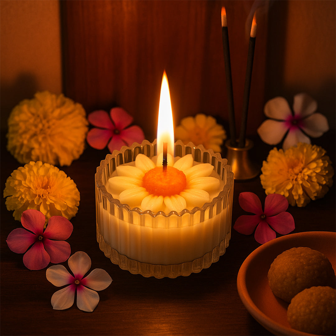 Royal Daisy Scented Candle - Lifestyle Image of Royal Daisy scented candle with Flowers