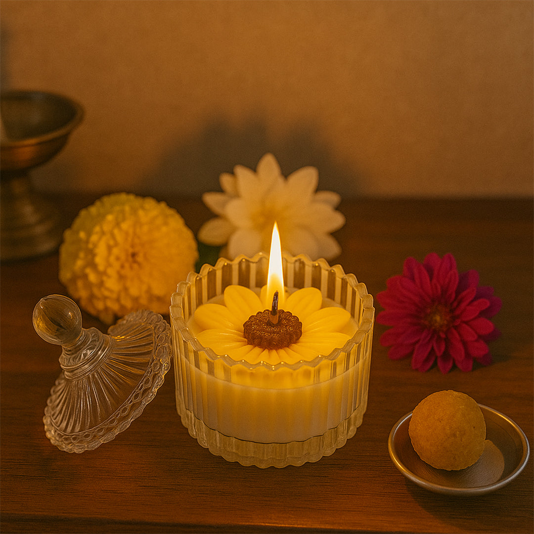 Royal Daisy Scented Candle - Lifestyle Image of Royal Daisy scented candle with Flowers