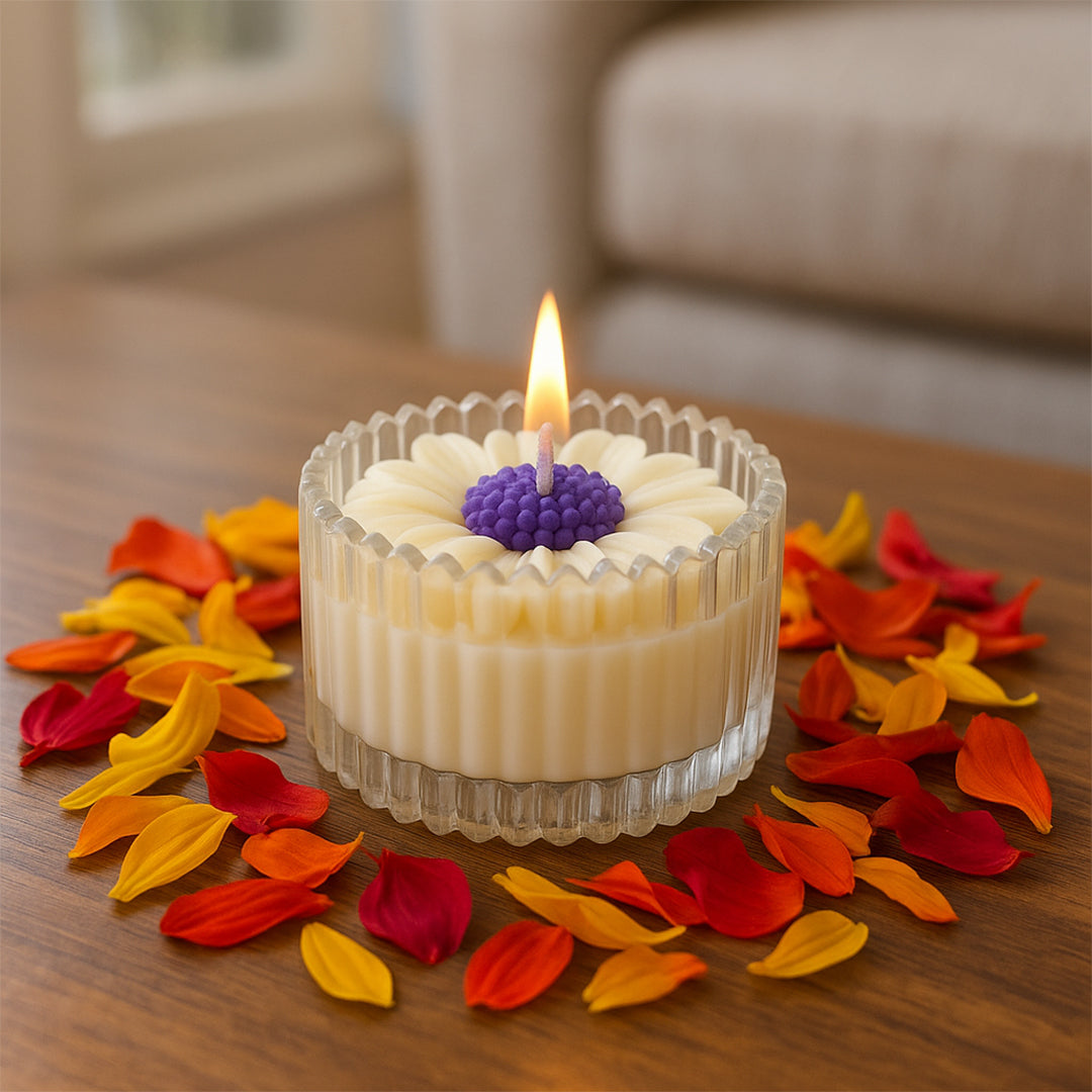 Royal Daisy Scented Candle - Lifestyle Image of Royal Daisy scented candle