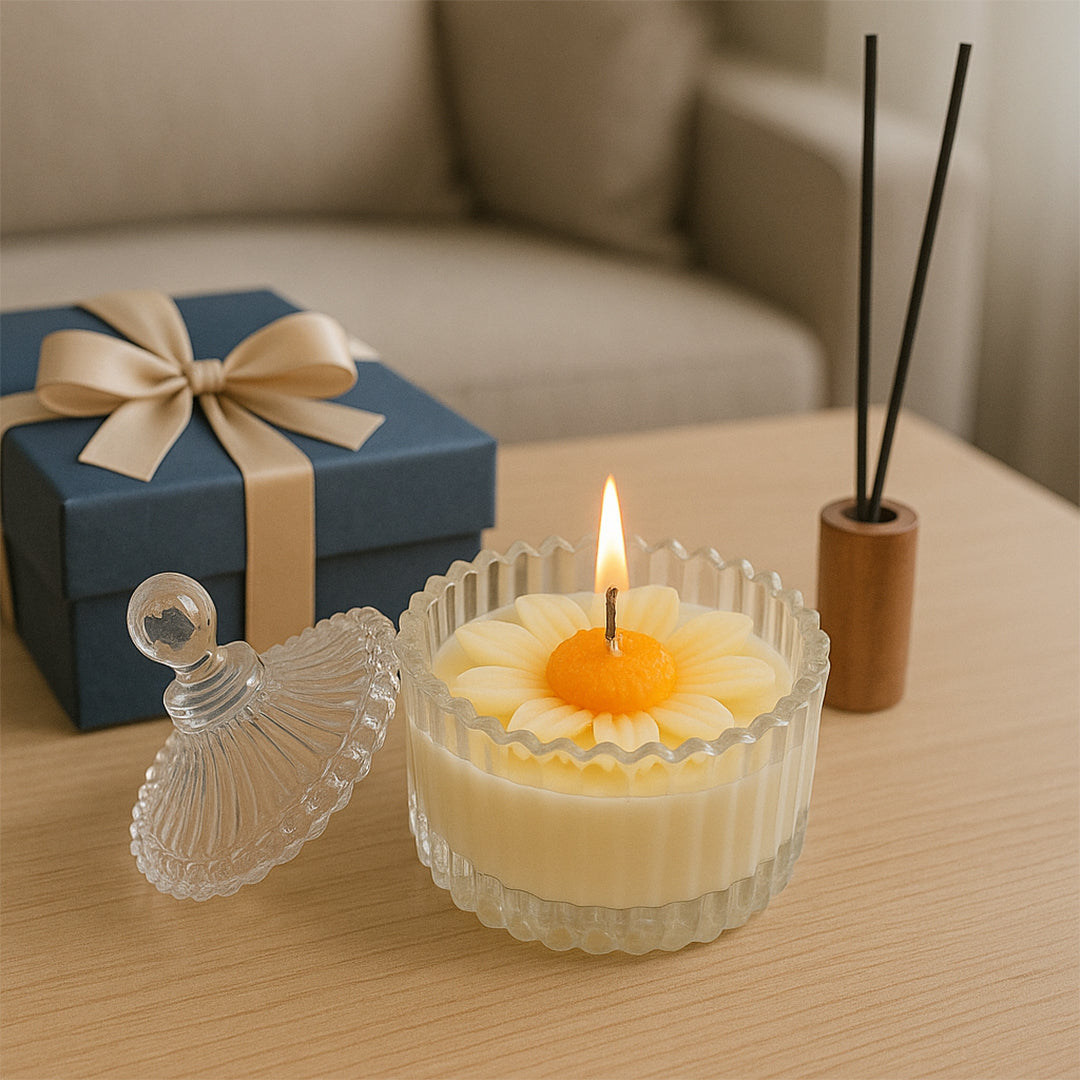 Royal Daisy Scented Candle - Lifestyle Image of Royal Daisy scented candle with Gift Box