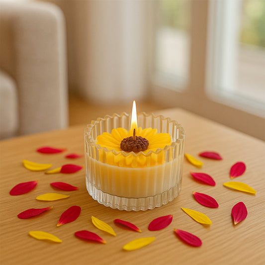 Royal Daisy Scented Candle - Lifestyle Image of Royal Daisy scented candle on a Table 