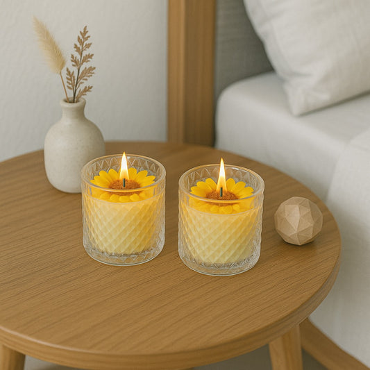 Sunny Sunflower scented candle combo - Lifestyle image of Sunny Sunflower scented candle on a rounded side table